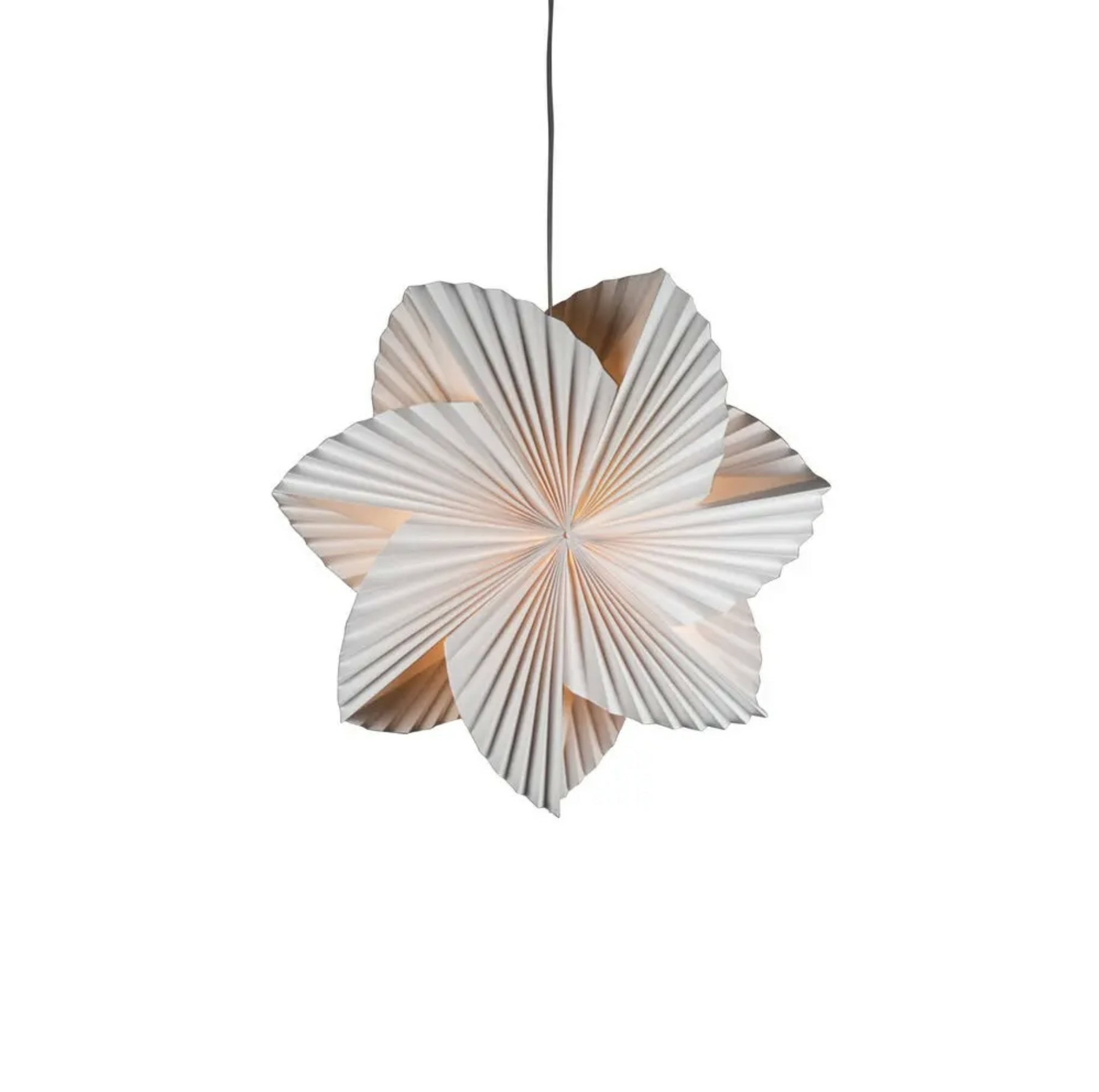 Hvit adventsstjerne i plissert papir med blomsterform, 60 cm, med varmt lys.