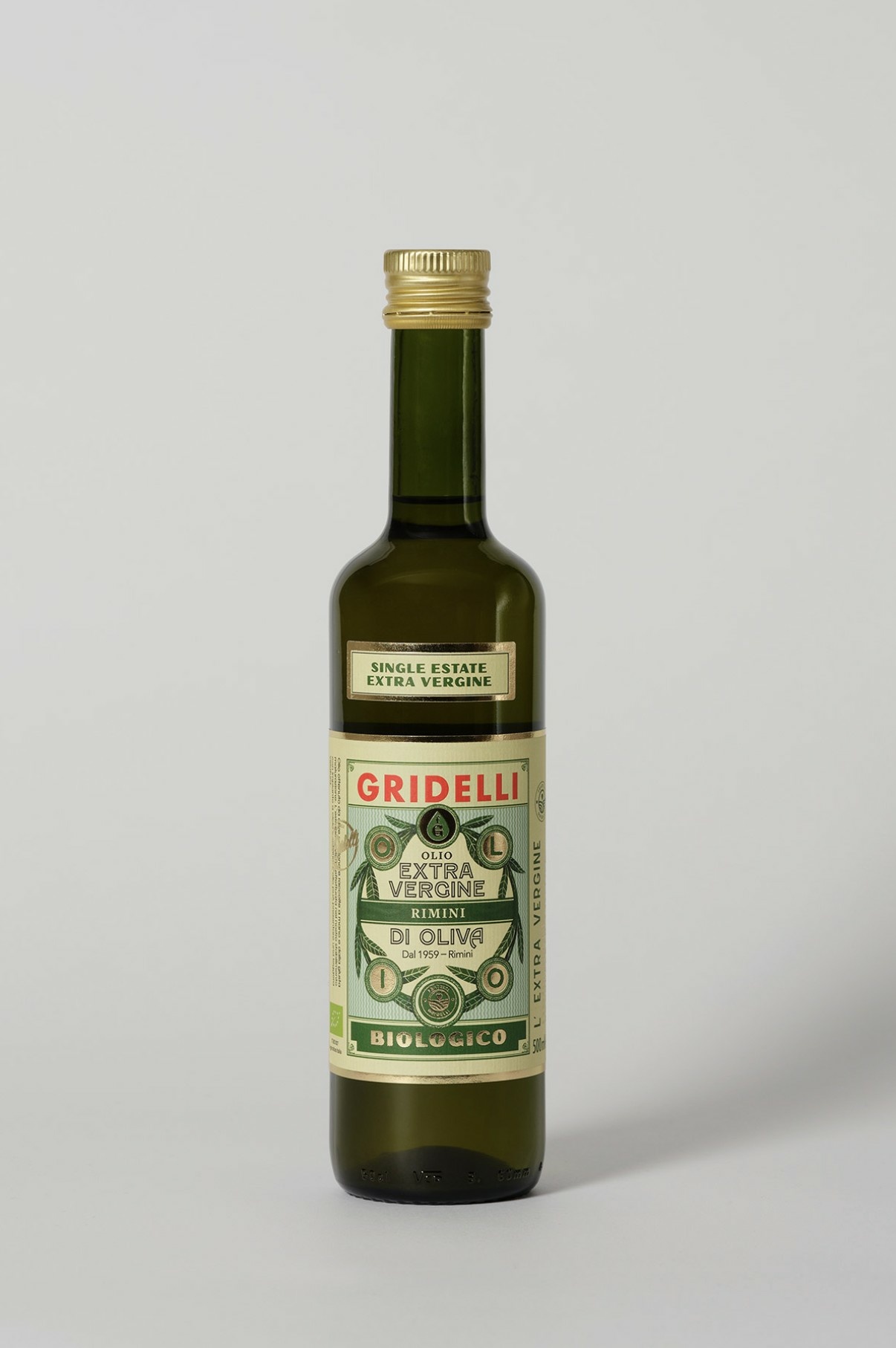 Gridelli Rimini økologisk extra virgin olivenolje i grønn glassflaske med grønn og kremfarget etikett, 500 ml