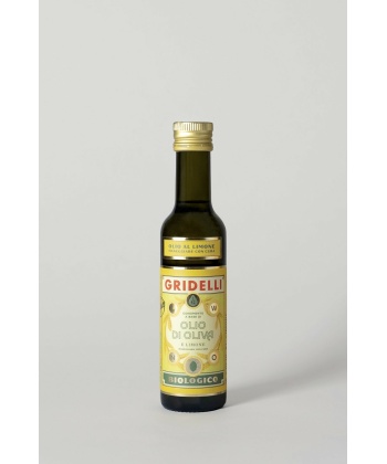 Gridelli Olio al Limone økologisk olivenolje med sitron i mørk glassflaske med gul og grønn etikett, 250 ml