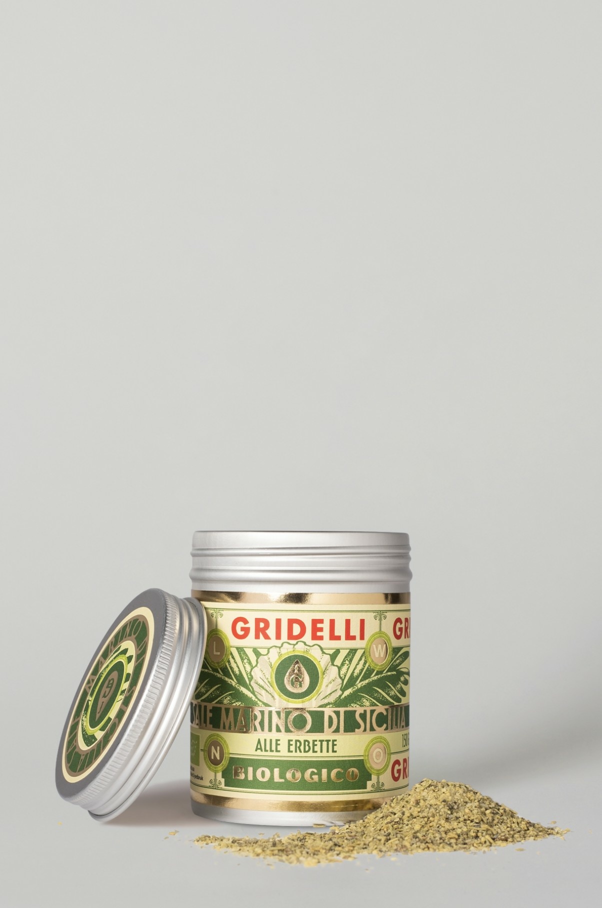 Gridelli Sale Alle Erbette urtesalt med økologiske urter i grønn og gullfarget metallboks, 150 g